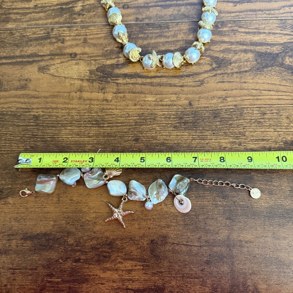 Women‎ Gold Coastal Jewelry Set Faux Pearl Shell Necklace Bracelet Cuff Earrings - Picture 6 of 7